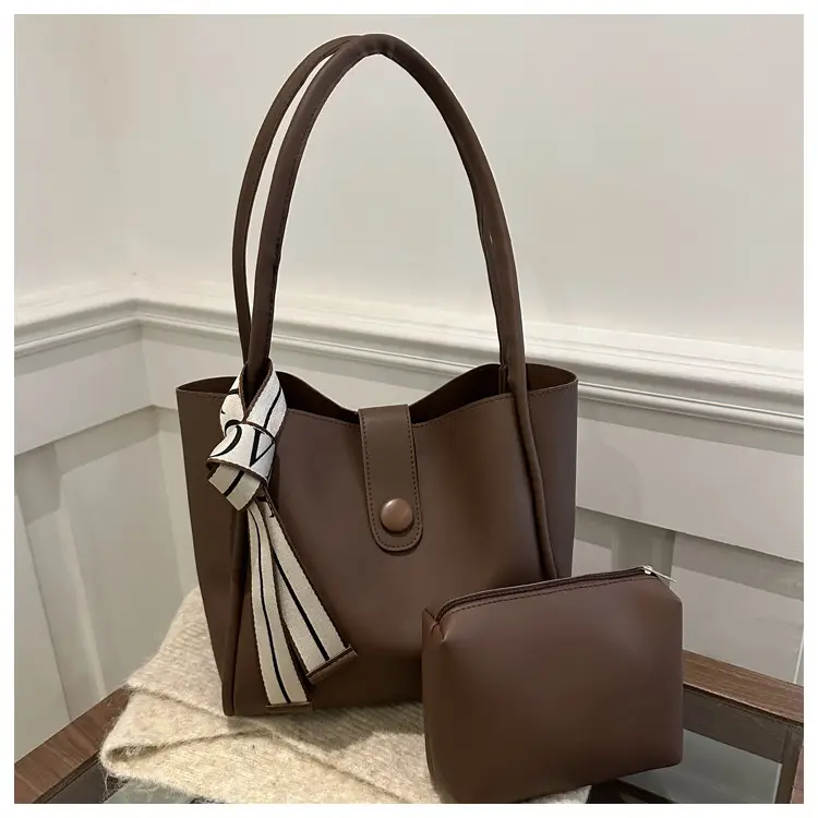 Women's Brown Textured Tote Bag with Tassel — feature 25