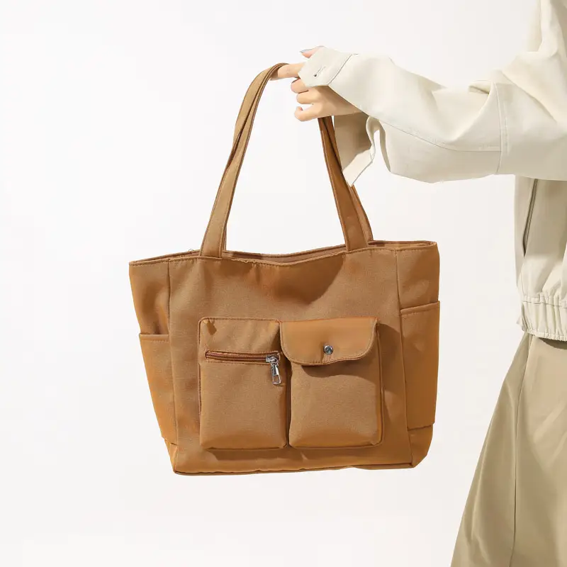 Women's Large Capacity Brown Nylon Shoulder Bag with Double Pocket - Image 6