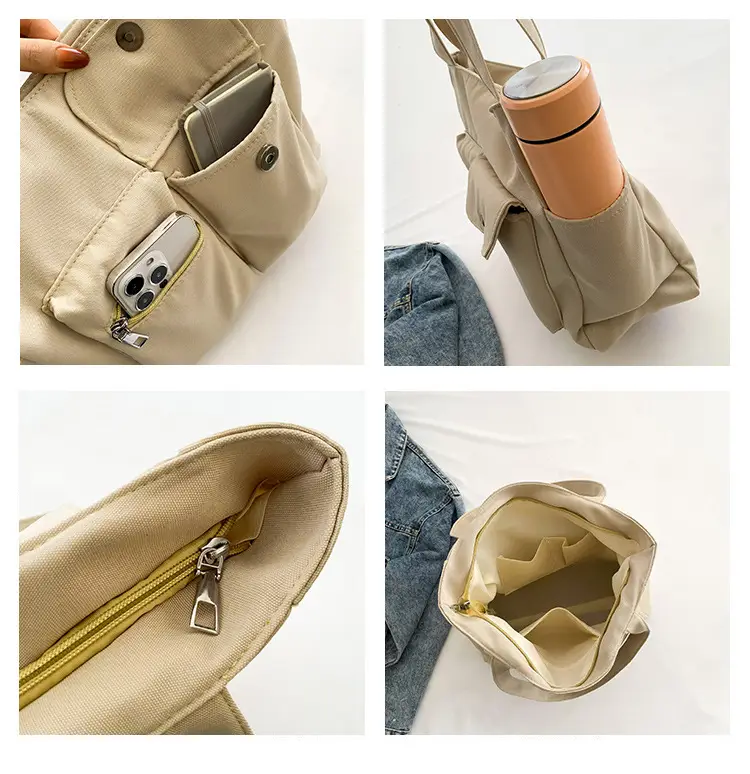 Women's Large Capacity Brown Nylon Shoulder Bag with Double Pocket — feature 11