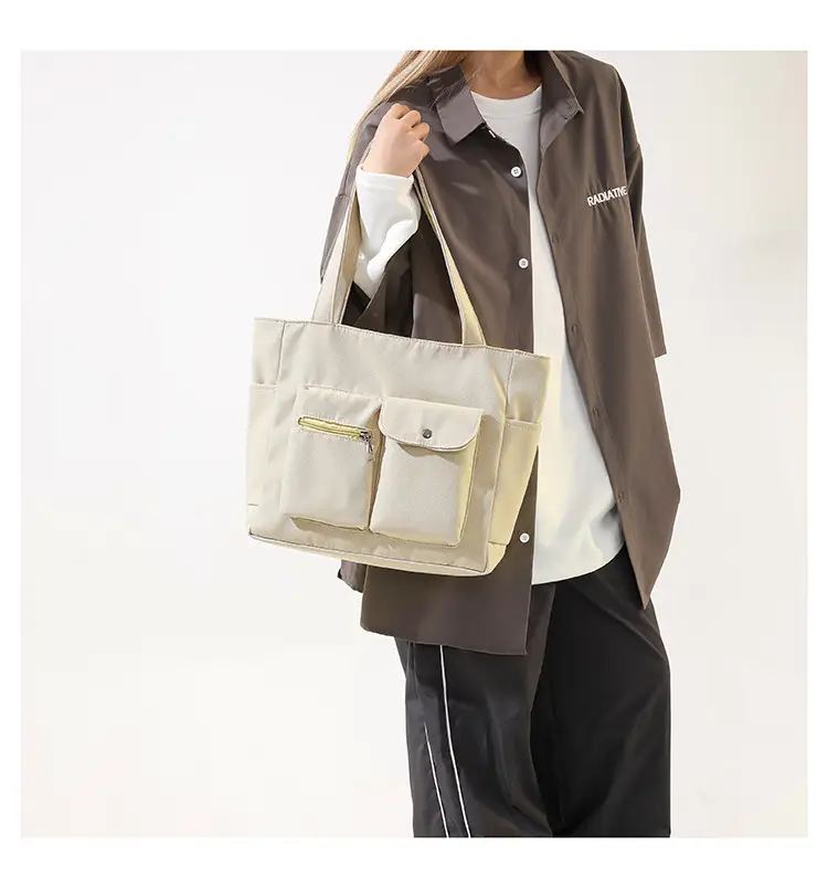 Women's Large Capacity Brown Nylon Shoulder Bag with Double Pocket — feature 12
