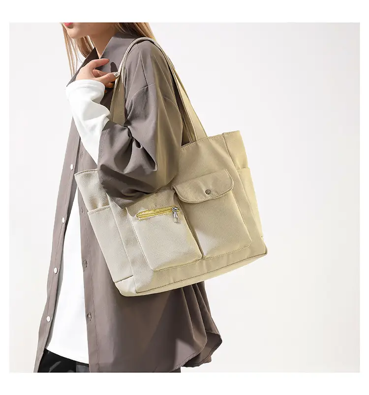 Women's Large Capacity Brown Nylon Shoulder Bag with Double Pocket — feature 13