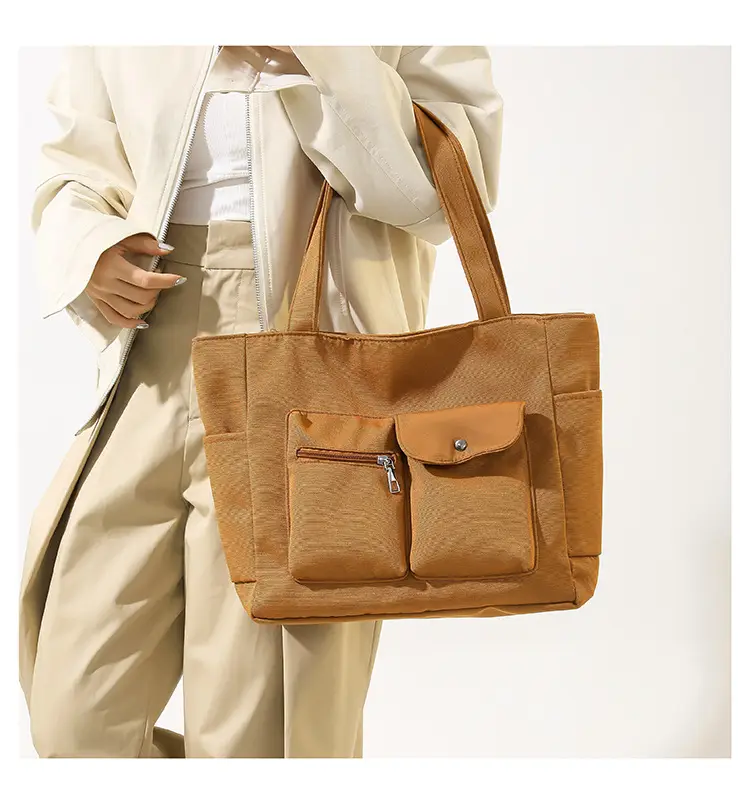 Women's Large Capacity Brown Nylon Shoulder Bag with Double Pocket — feature 16