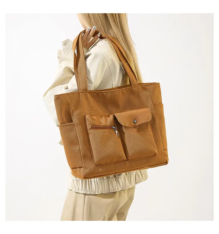 Women's Large Capacity Brown Nylon Shoulder Bag with Double Pocket — feature 17