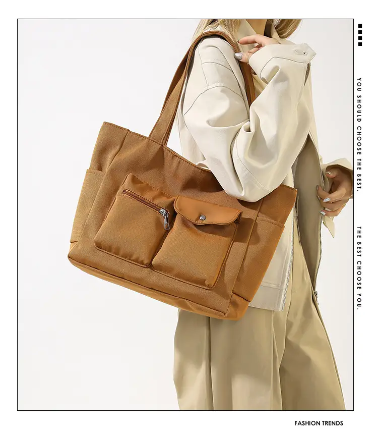 Women's Large Capacity Brown Nylon Shoulder Bag with Double Pocket — feature 2