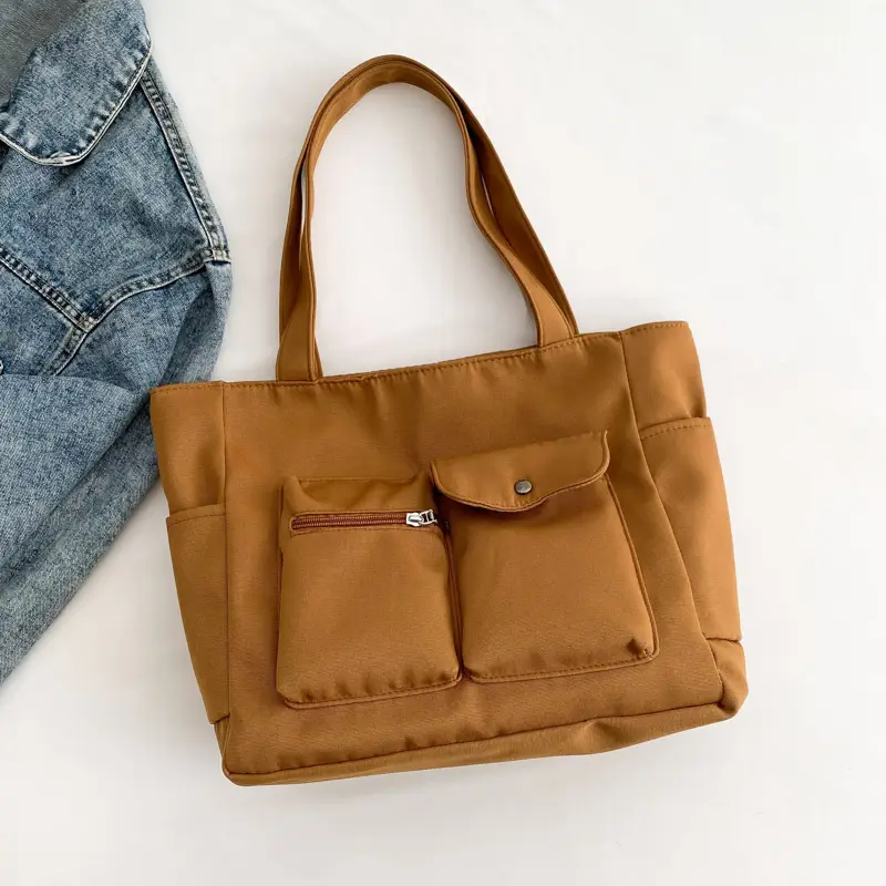 Women's Large Capacity Brown Nylon Shoulder Bag with Double Pocket - Image 2