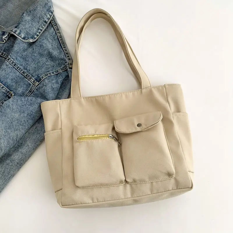 Women's Large Capacity Brown Nylon Shoulder Bag with Double Pocket - Image 4