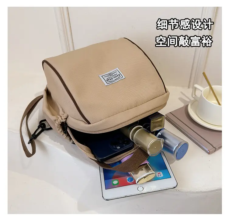 Women's Beige Leather Shoulder Bag Large Capacity College Work — feature 12