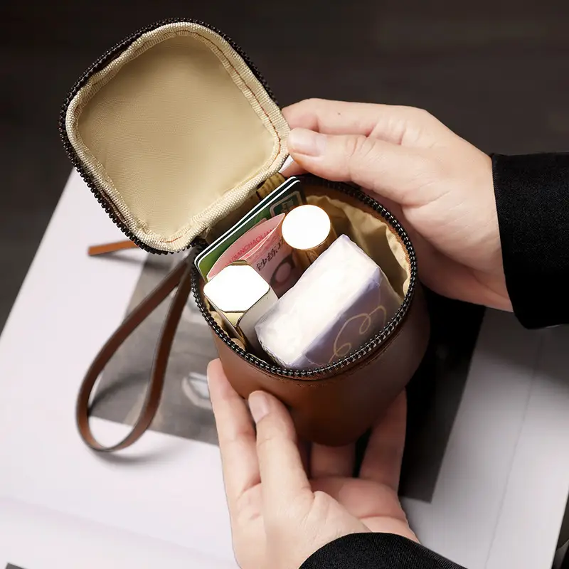 Vintage Leather Cosmetic Bag Lipstick Change Storage Bag Portable Travel Storage Bucket Distinctive Mini Round Coin Purse