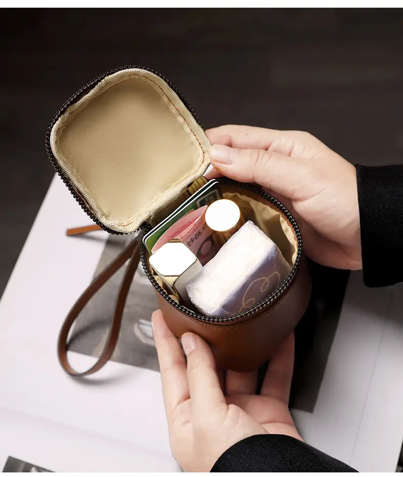 Vintage Leather Cosmetic Bag Lipstick Change Storage Bag Portable Travel Storage Bucket Distinctive Mini Round Coin Purse — feature 11