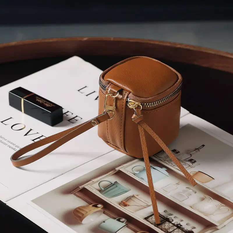 Vintage Leather Cosmetic Bag Lipstick Change Storage Bag Portable Travel Storage Bucket Distinctive Mini Round Coin Purse