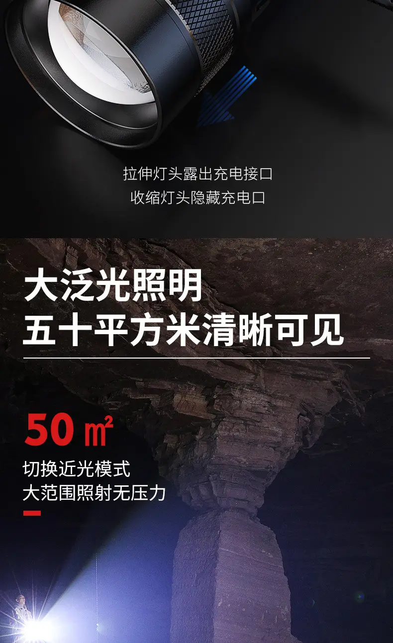 Rechargeable Zoom Flashlight Long Range Black β feature 5