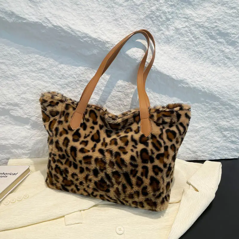 Leopard Print Plush Shoulder Bag Women Winter Commute - Image 3