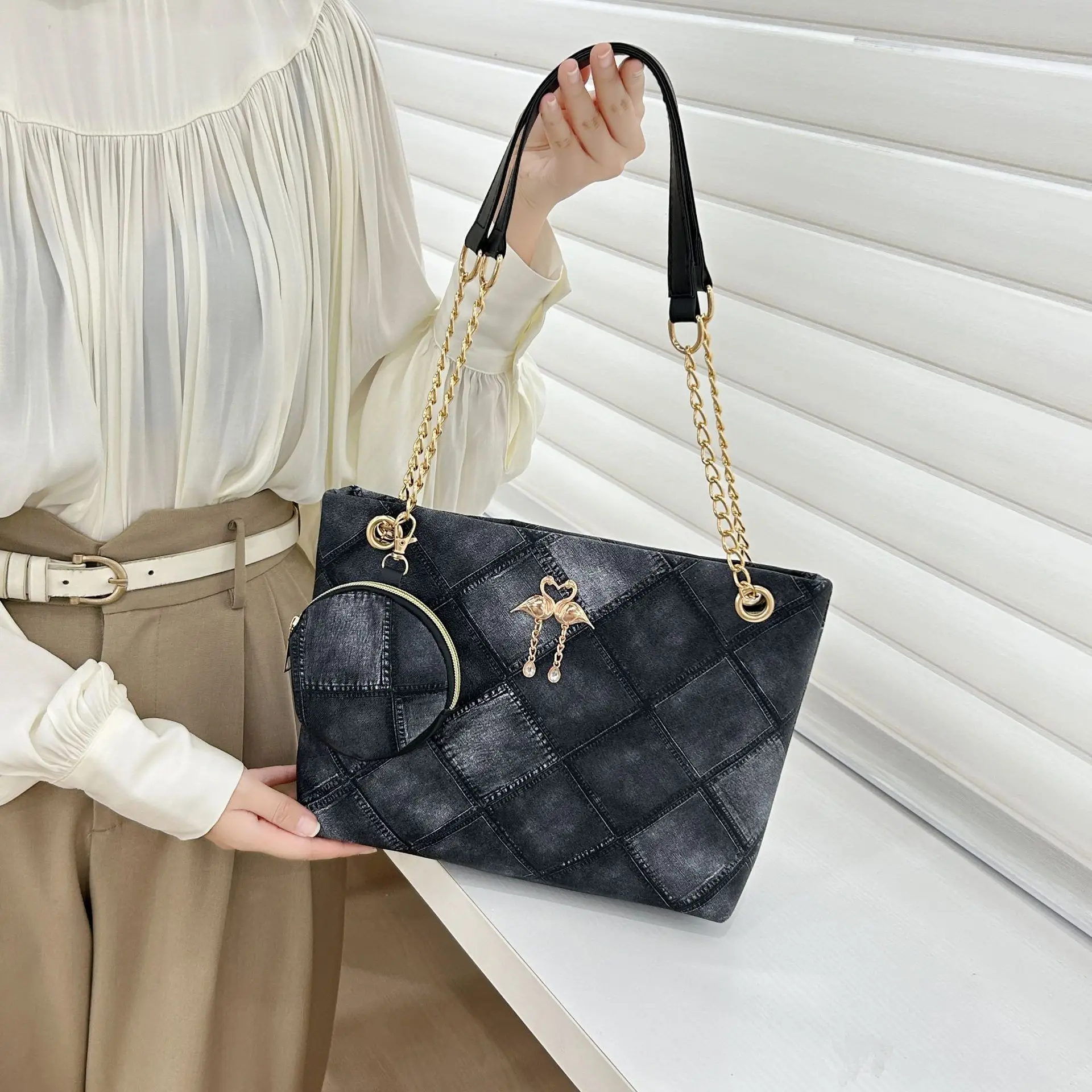Black Diamond Quilted Women's Shoulder Bag with Chain Strap - Image 10