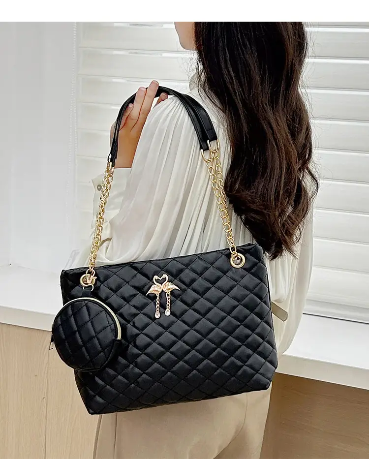Black Diamond Quilted Women's Shoulder Bag with Chain Strap — feature 13