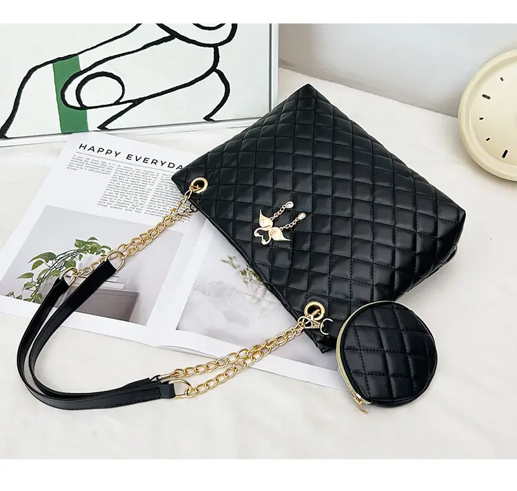 Black Diamond Quilted Women's Shoulder Bag with Chain Strap — feature 29