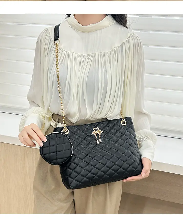 Black Diamond Quilted Women's Shoulder Bag with Chain Strap — feature 8