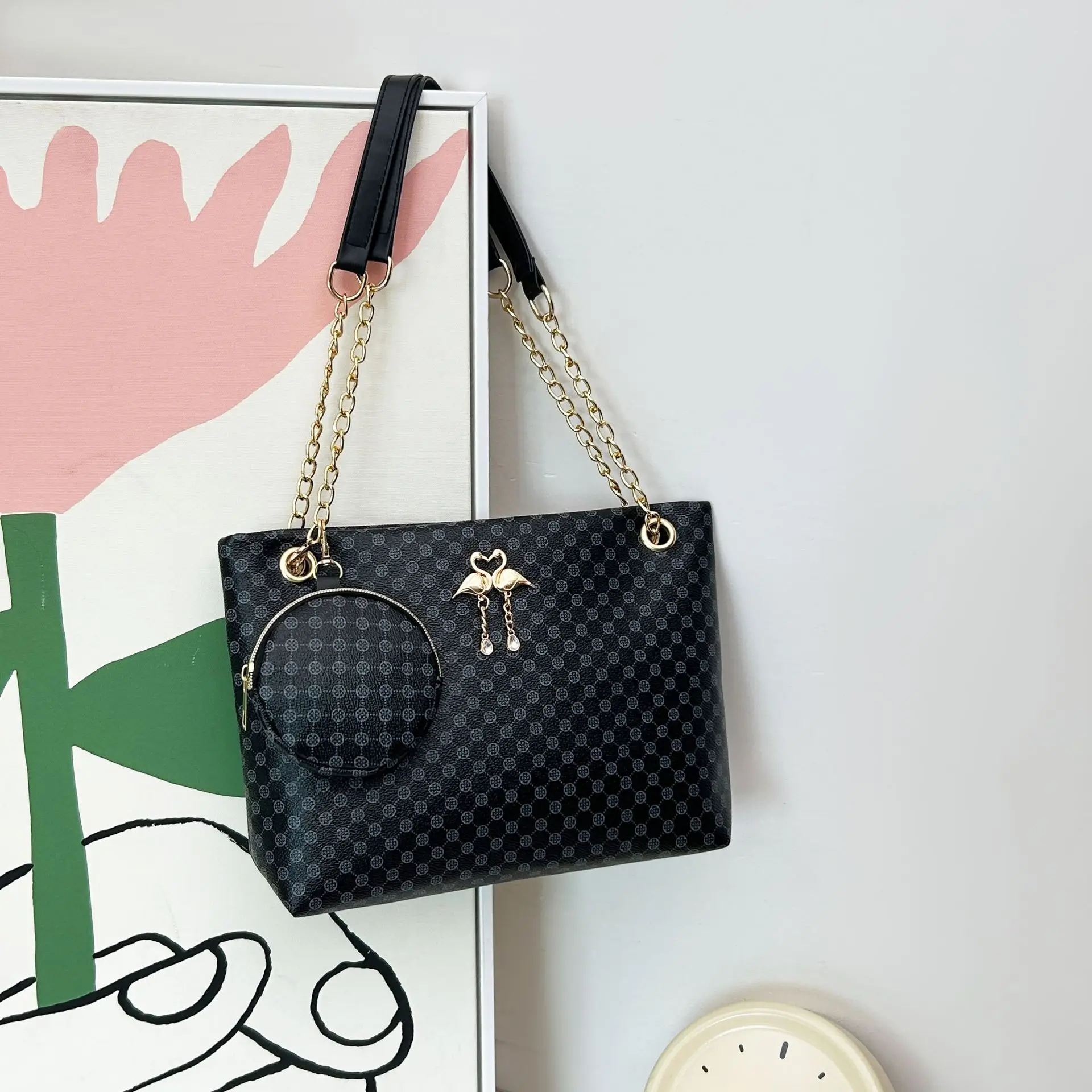 Black Diamond Quilted Women's Shoulder Bag with Chain Strap - Image 4