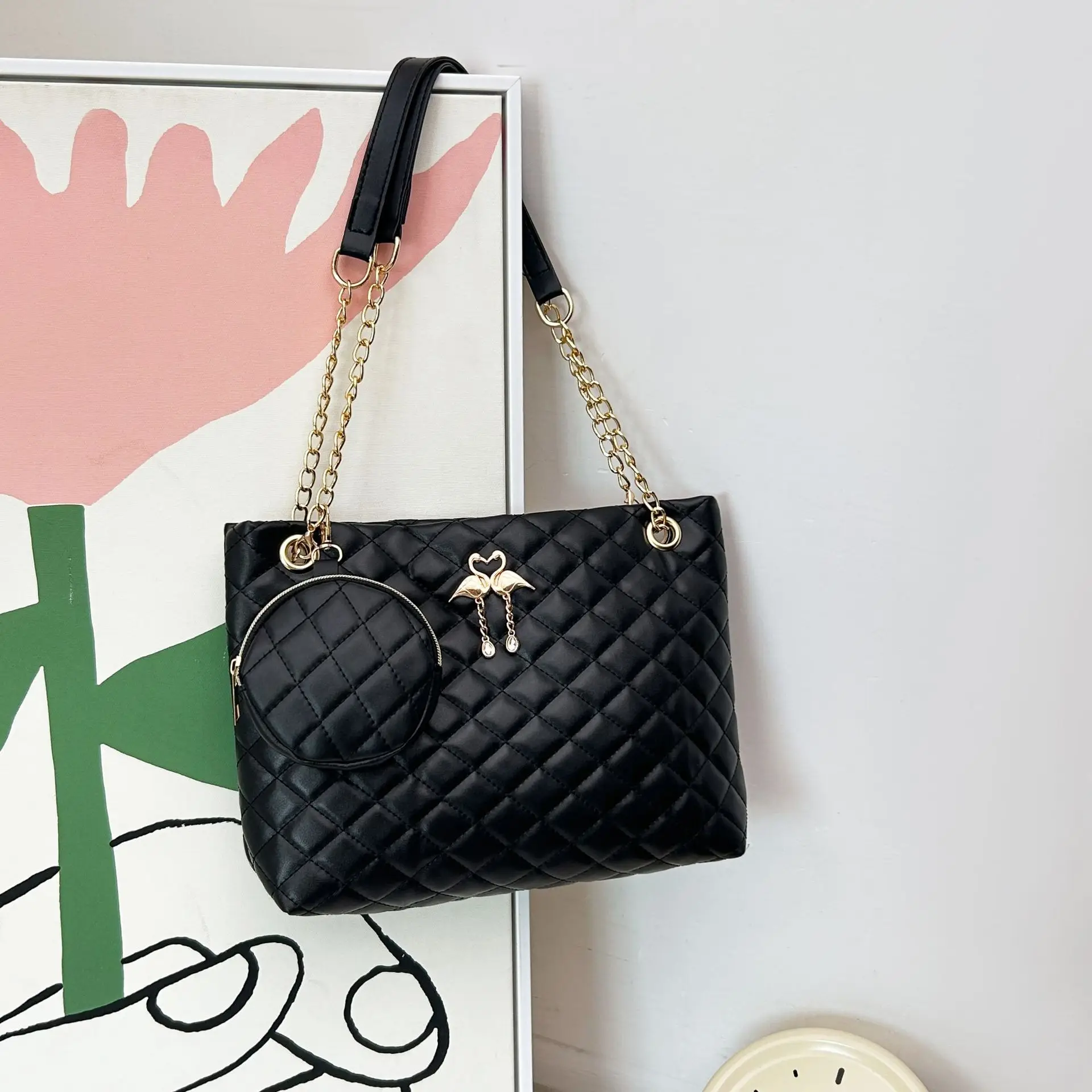 Black Diamond Quilted Women's Shoulder Bag with Chain Strap - Image 5