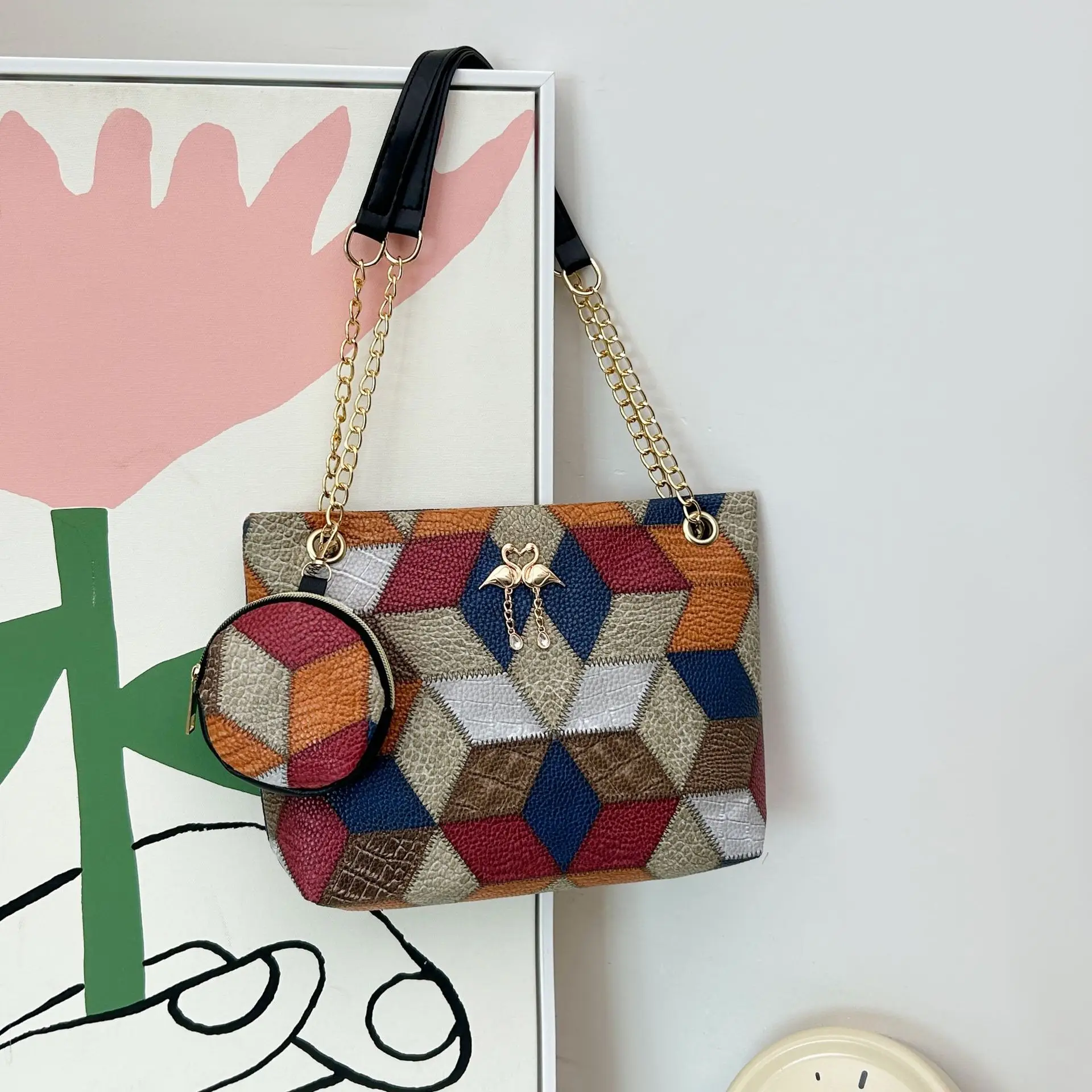 Black Diamond Quilted Women's Shoulder Bag with Chain Strap - Image 6