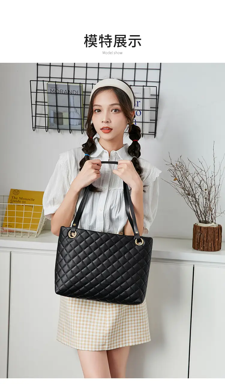 Black Rhombic Quilted Ladies Shoulder Bag Two-Piece Set — feature 11