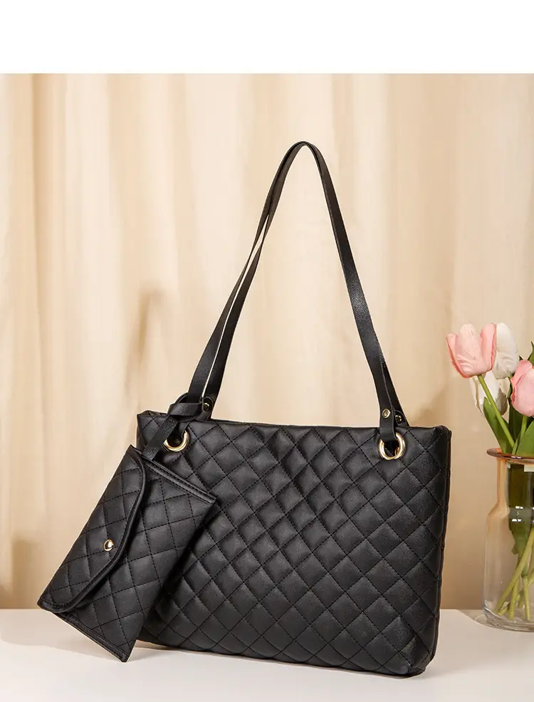 Black Rhombic Quilted Ladies Shoulder Bag Two-Piece Set — feature 22