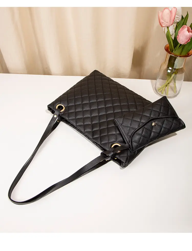 Black Rhombic Quilted Ladies Shoulder Bag Two-Piece Set — feature 23