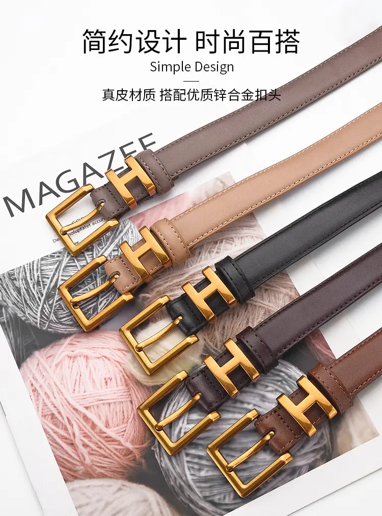 Women's Genuine Leather Belt with Gold Buckle — feature 1