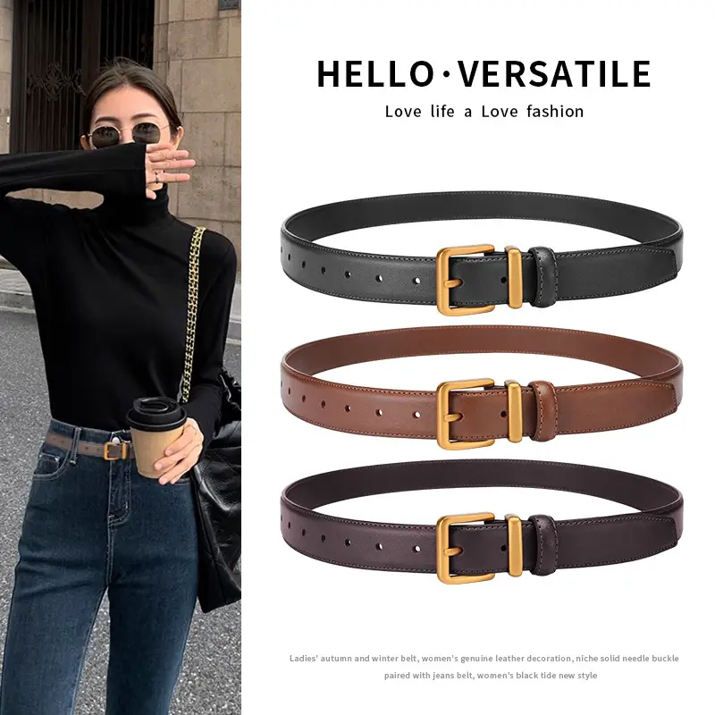 Black Leather Belt with Gold Buckle for Women - Image 9