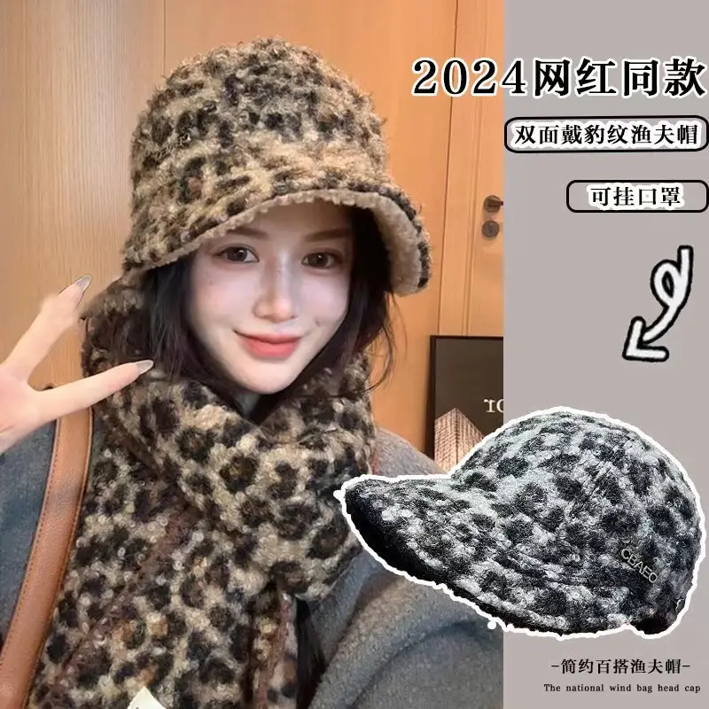 Winter Fleece Leopard Hat for Girls Women Retro Warm Double Sided — feature 3