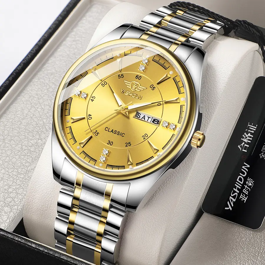 Luminous Gold & Silver Men's Quartz Watch with Cross Border Design