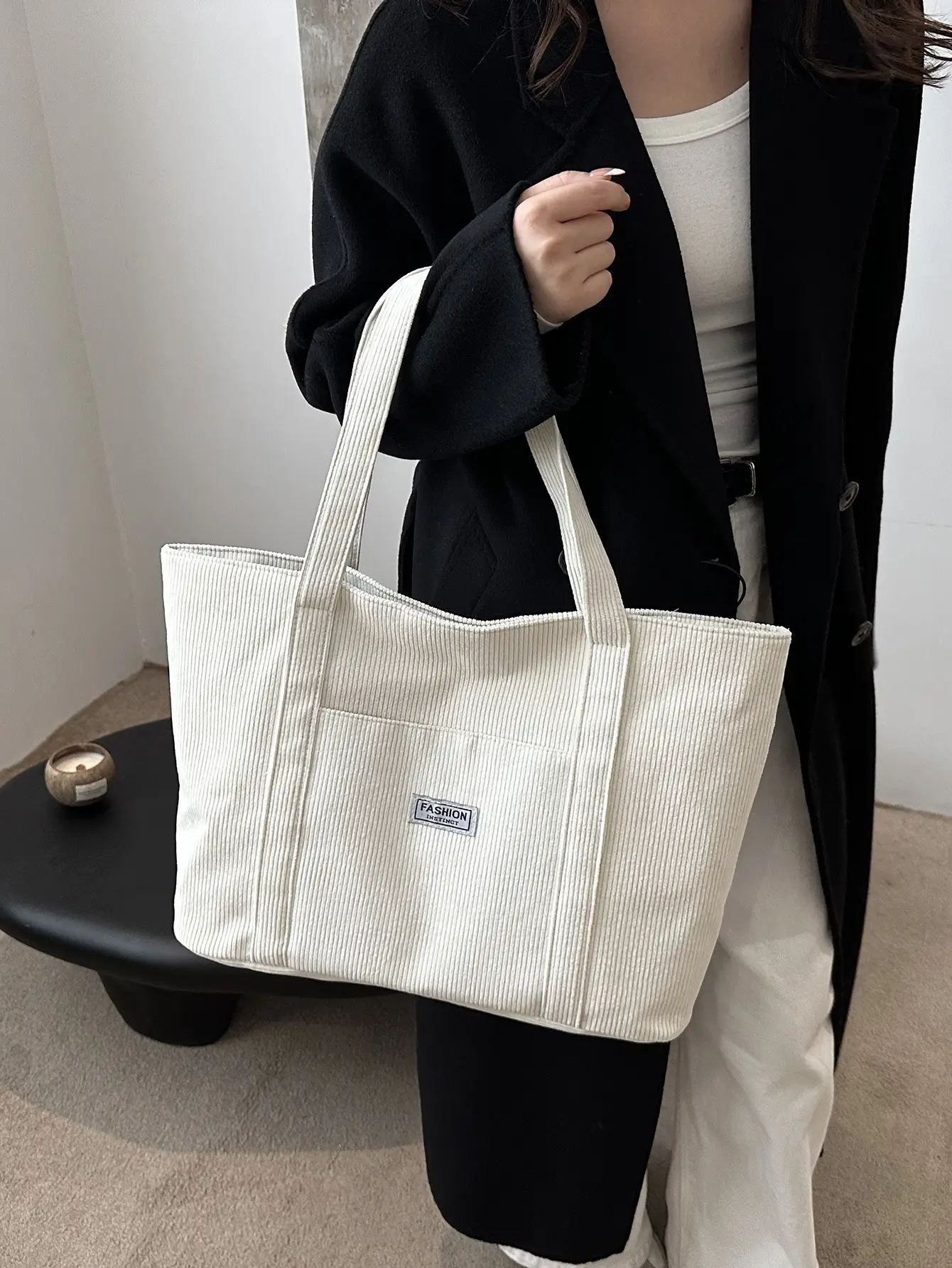 Large Capacity Corduroy Tote Bag Beige 2024 - Image 7