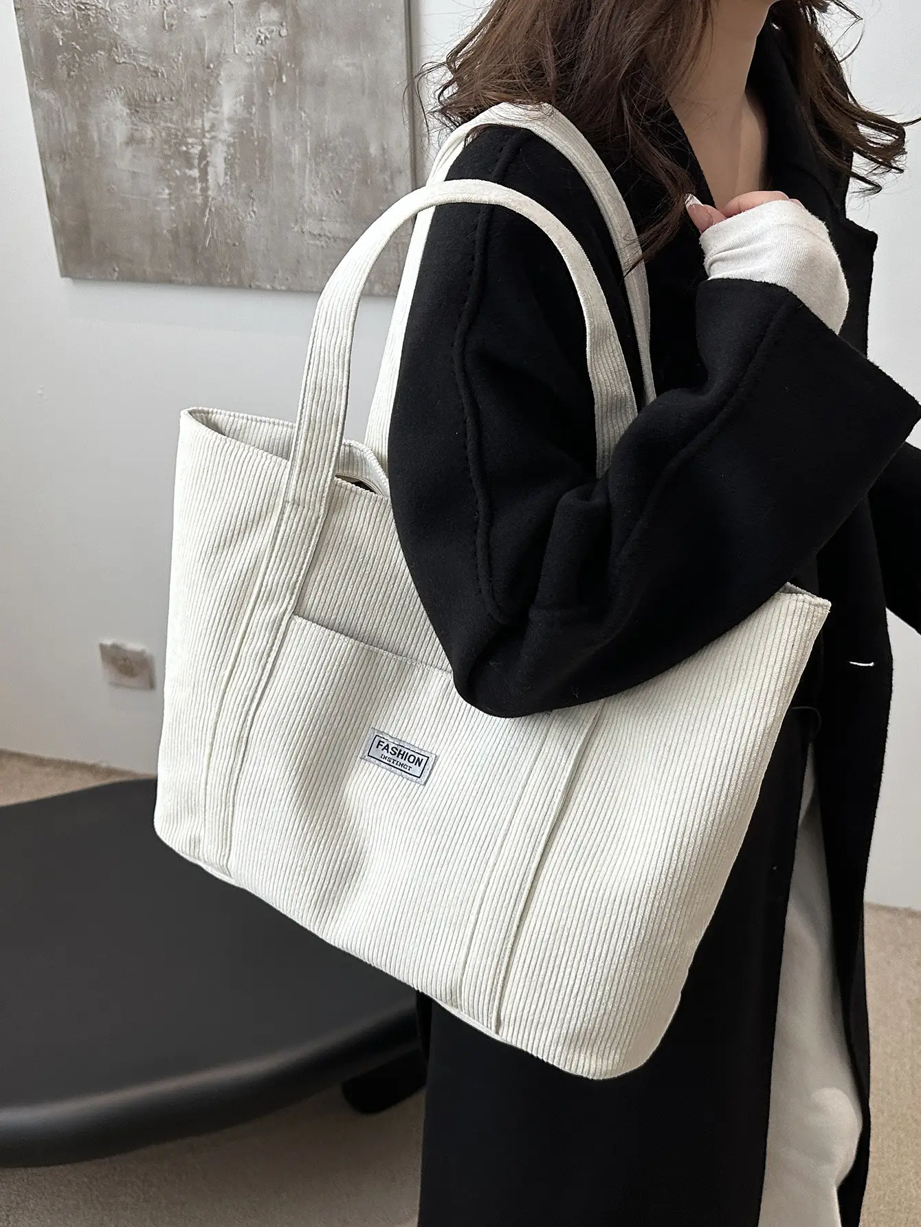 Large Capacity Corduroy Tote Bag Beige 2024 - Image 8