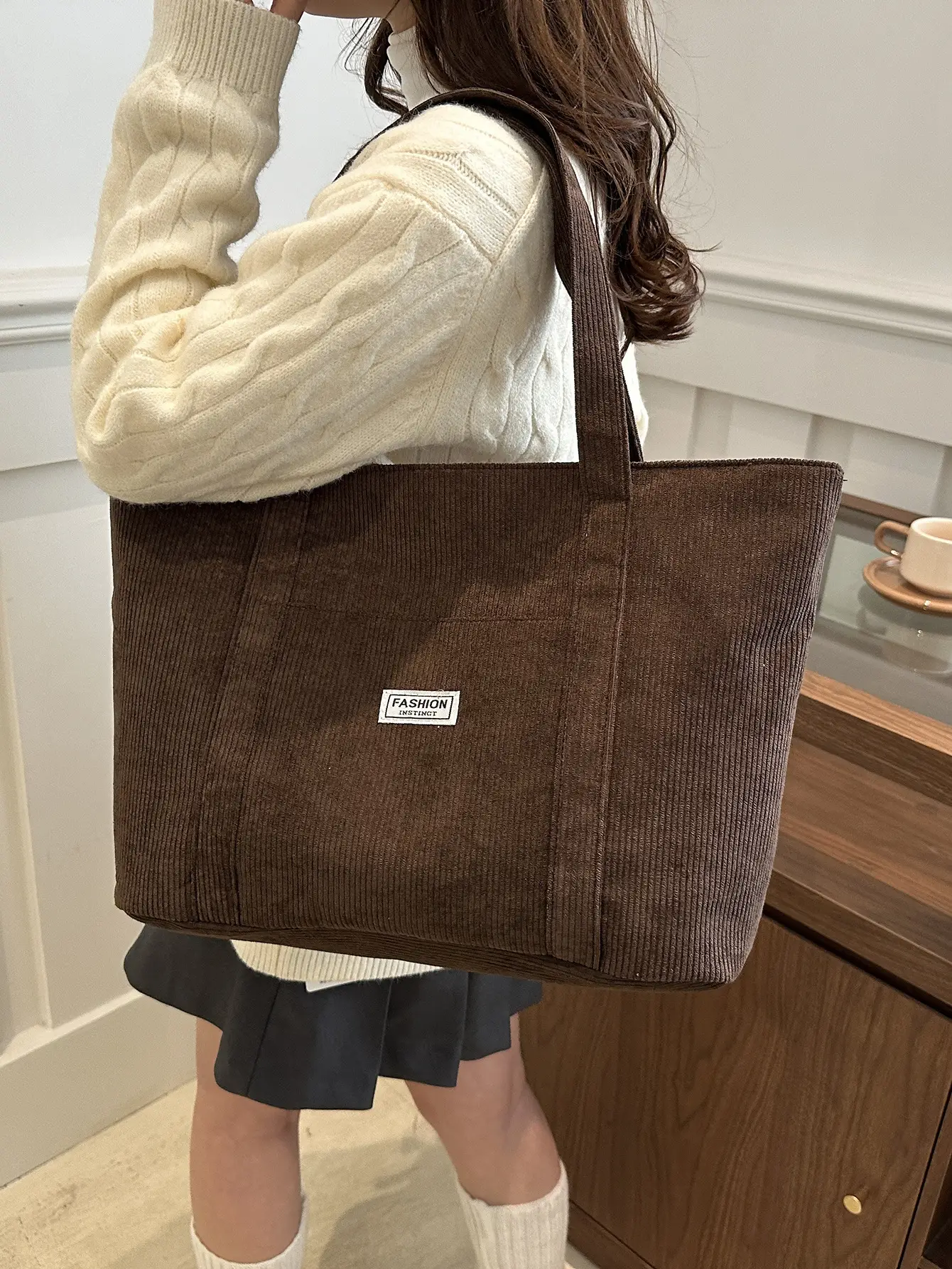 Large Capacity Corduroy Tote Bag Beige 2024 - Image 9