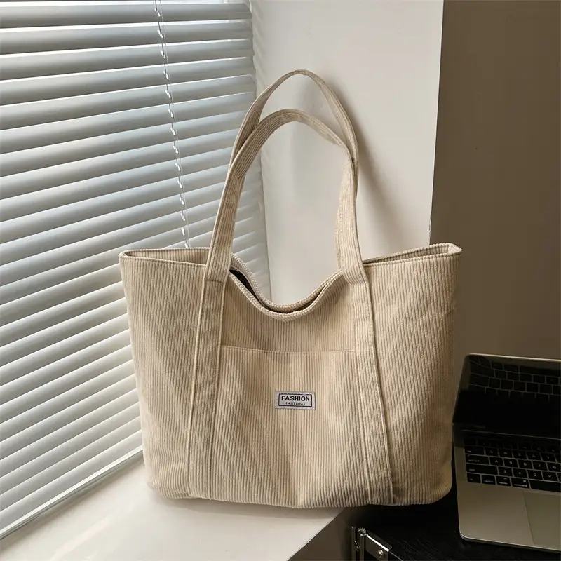 Large Capacity Corduroy Tote Bag Beige 2024 - Image 4