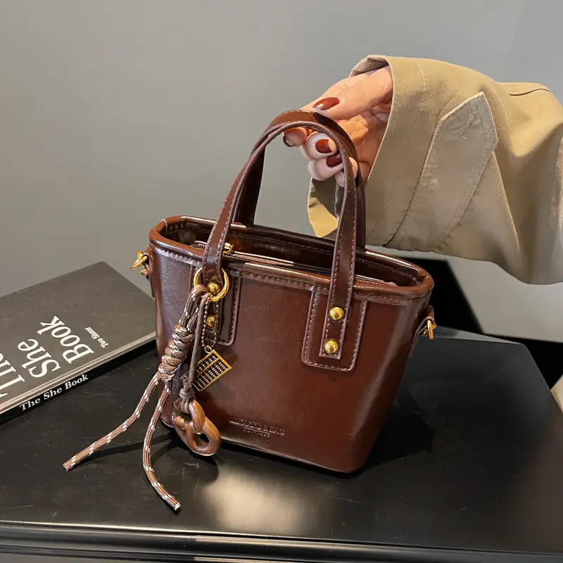 Women's Brown Leather Shoulder Bag with Chain Charm - Image 5