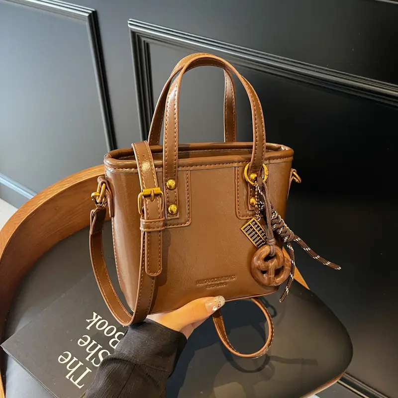 Women's Brown Leather Shoulder Bag with Chain Charm - Image 6