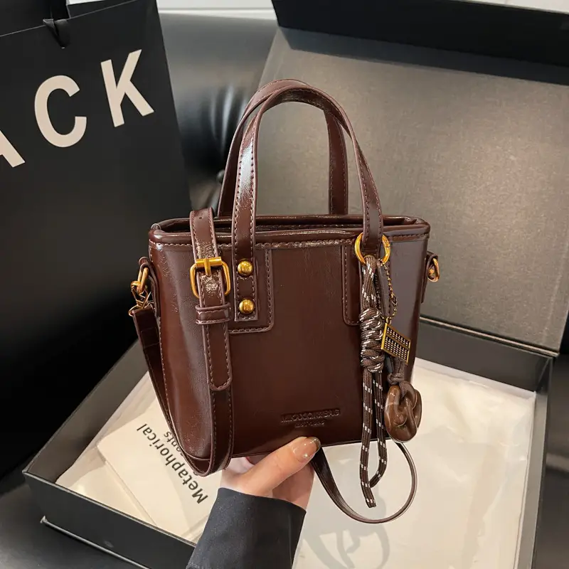 Women's Brown Leather Shoulder Bag with Chain Charm - Image 8