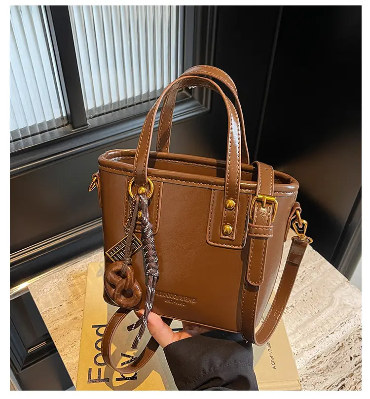 Women's Brown Leather Shoulder Bag with Chain Charm — feature 1