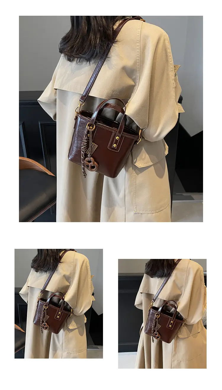 Women's Brown Leather Shoulder Bag with Chain Charm — feature 12