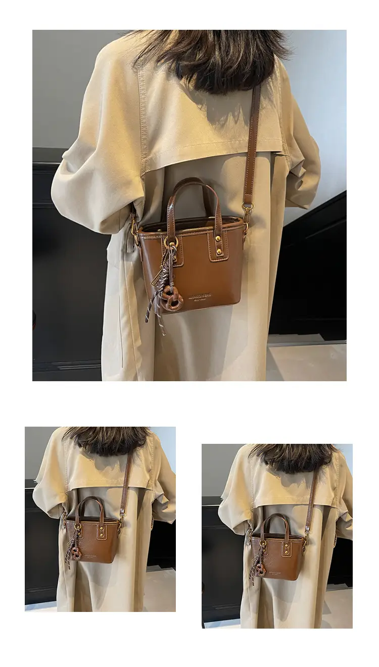 Women's Brown Leather Shoulder Bag with Chain Charm — feature 13