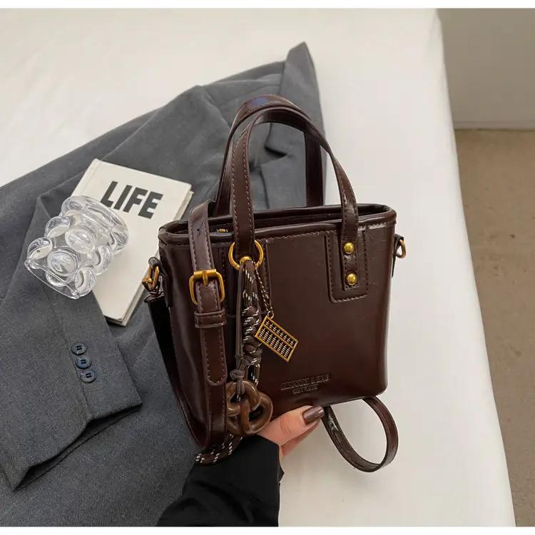 Women's Brown Leather Shoulder Bag with Chain Charm — feature 17