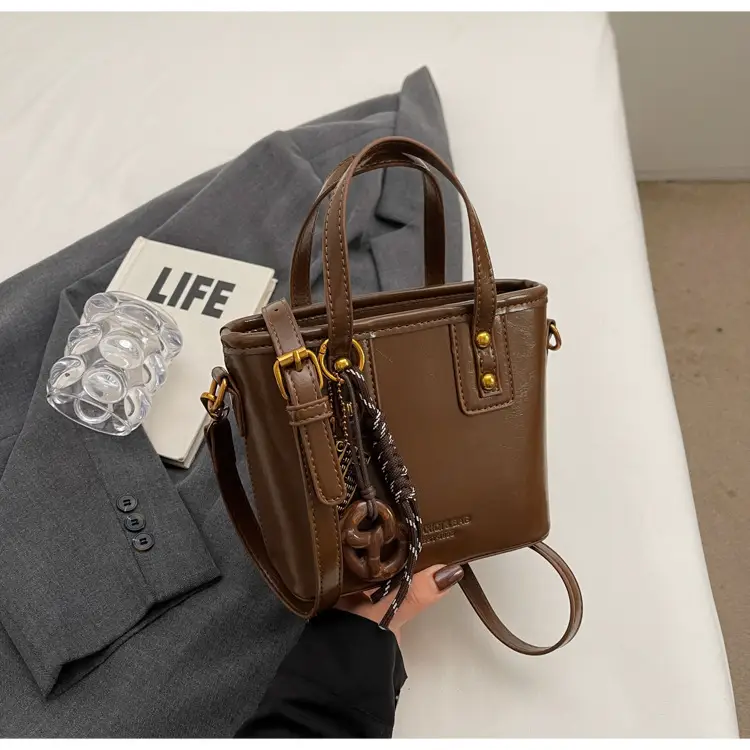 Women's Brown Leather Shoulder Bag with Chain Charm — feature 20