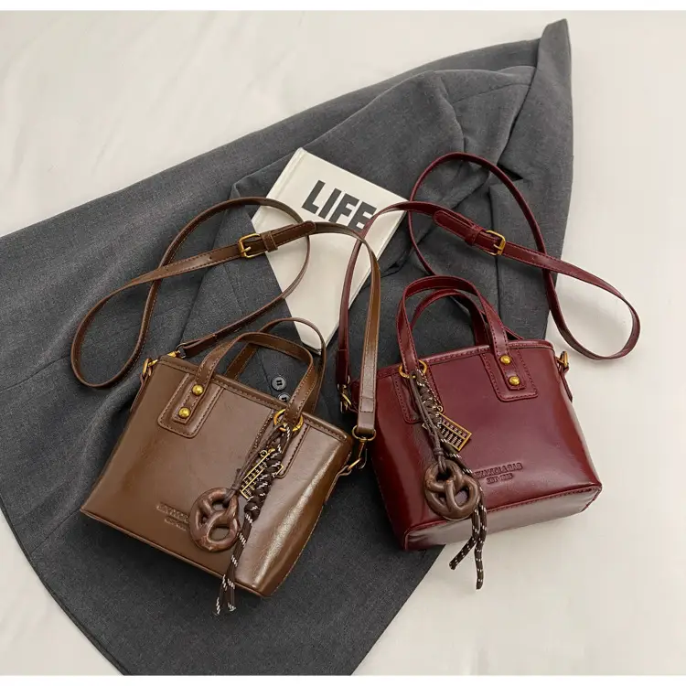 Women's Brown Leather Shoulder Bag with Chain Charm — feature 24