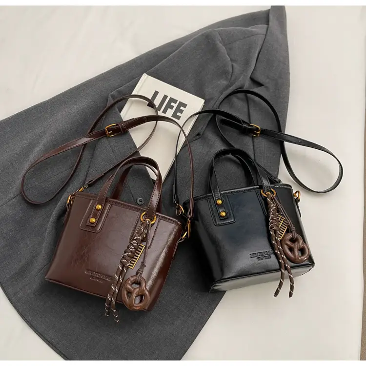 Women's Brown Leather Shoulder Bag with Chain Charm — feature 25