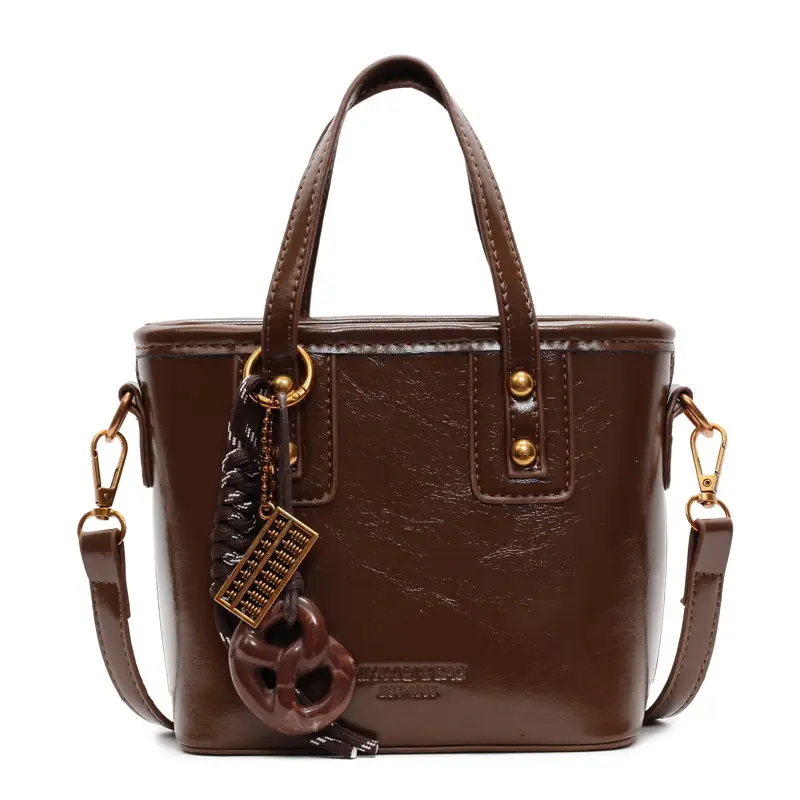 Women's Brown Leather Shoulder Bag with Chain Charm - Image 3