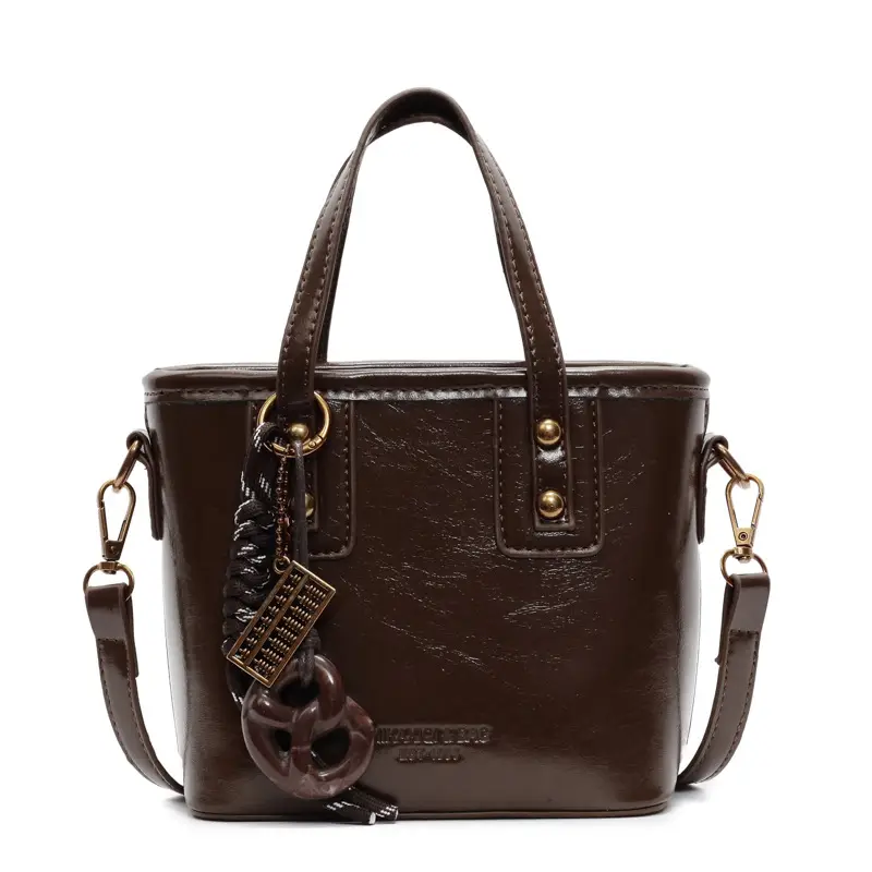 Women's Brown Leather Shoulder Bag with Chain Charm - Image 4