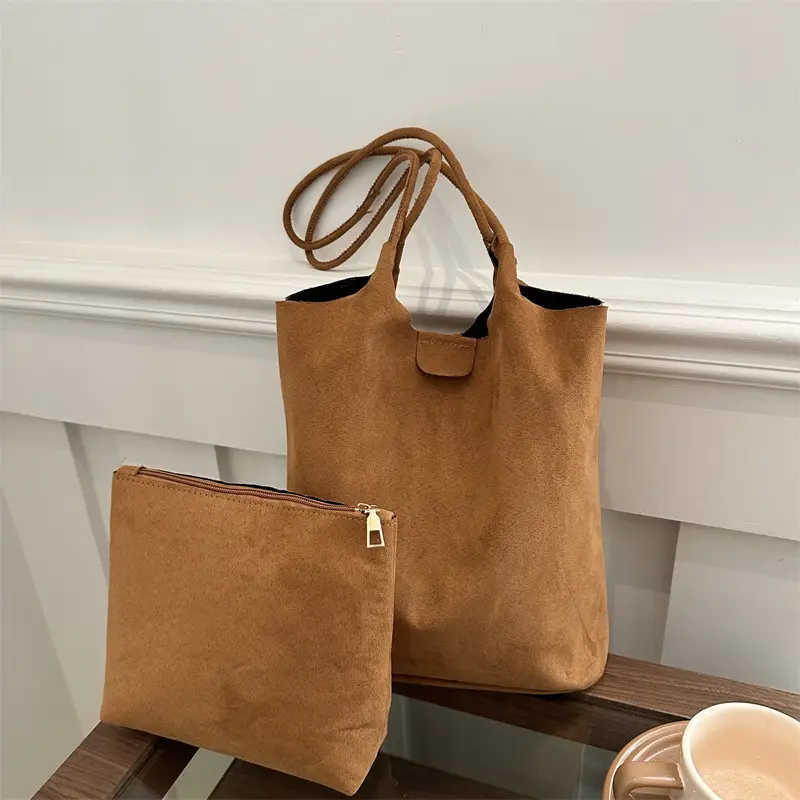 Women's Brown Bucket Bag & Zipper Pouch Set - Image 3