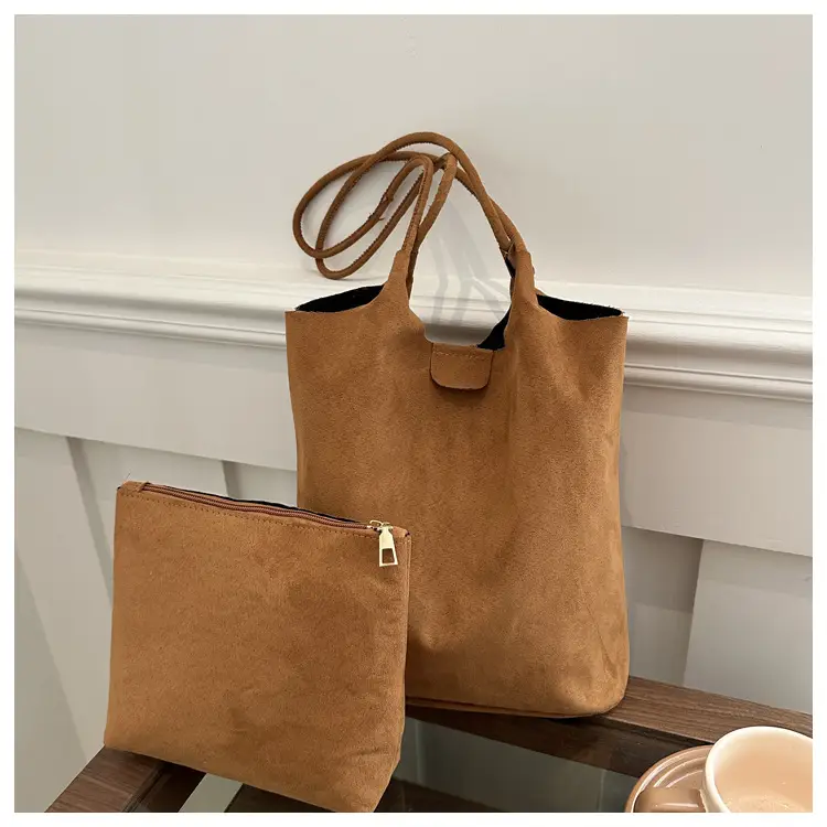Women's Brown Bucket Bag & Zipper Pouch Set — feature 24