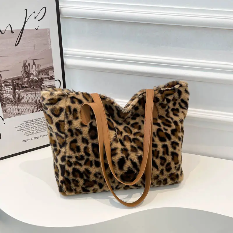 Leopard Print Plush Tote Bag Women 2024 New Arrival - Image 3