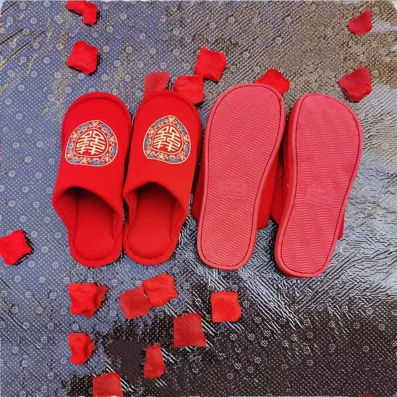 Wedding Red Hi Slippers Wedding Wedding Accompanying Couple Indoor Cotton Slippers for Bride and Groom Autumn and Winter Cotton Slippers